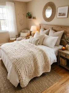 Chunky knit throw adding texture to cozy bedroom