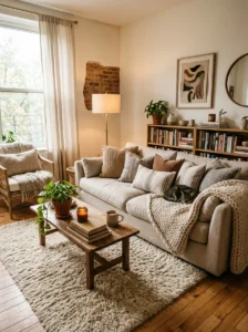 Layered textiles adding warmth to apartment decor