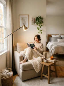 Cozy reading nook in bedroom corner
