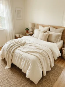 Layered cream and ivory bedding in cozy bedroom