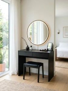Dark vanity creating bold contrast in room