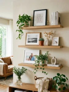Floating shelves displaying photos and decor items
