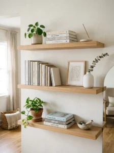 Floating shelves with simple decorative arrangement
