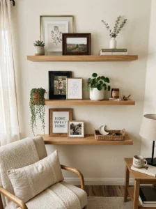 Floating shelves with layered wall art and decor