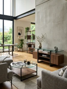 Mixed material furniture in apartment design