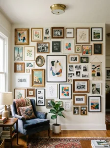 Eclectic gallery wall with mixed artwork