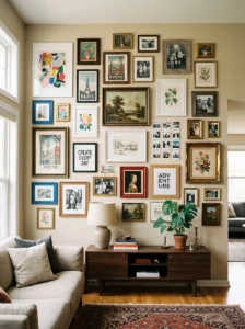 Gallery wall with mixed artwork and frames