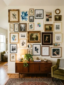 Mixed frame gallery wall with varied styles