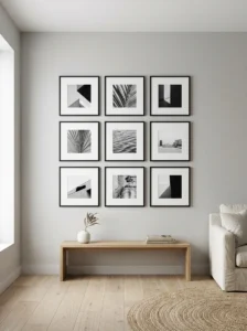 Grid style photo wall with clean symmetrical layout