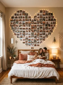 Heart shaped photo wall arrangement in bedroom