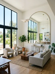 Interior with large mirror reflecting natural light, modern decor, spacious feel
