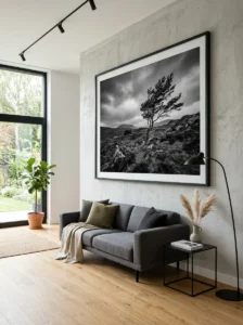 Oversized photo print used as statement wall decor