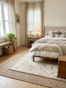 Layered rugs adding warmth to bedroom floor