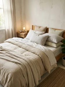 Linen bedding creating soft and relaxed bedroom look