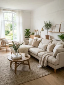 Linen sofa creating relaxed and soft living room feel