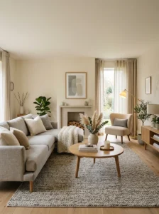 Neutral color palette creating soft living room look
