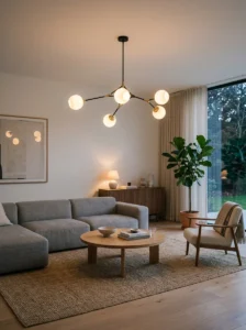 contemporary living room with statement lighting as focal point