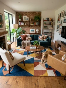 Bold rug anchoring eclectic apartment space