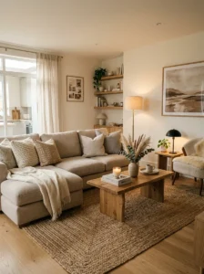 contemporary living room with neutral base and layered textures design