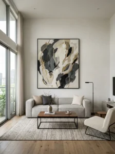 contemporary living room with large wall art focal point