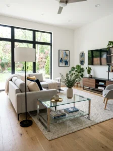 modern living room with glass and metal accent decor