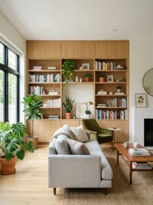 contemporary living room with built in shelving storage
