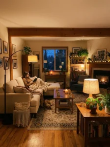 modern living room with soft layered lighting for cozy feel