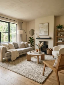 modern living room with textured rug adding warmth