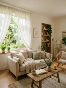 Soft curtains allowing gentle light into living room