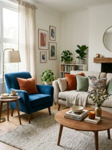 Velvet accents adding contrast to living room