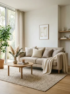 Neutral living room with soft layered textures