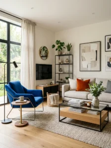 modern living room with minimal colors and bold accent pieces