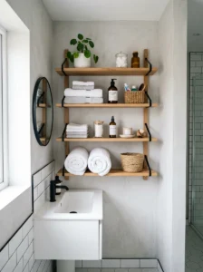 Open shelving in small bathroom design