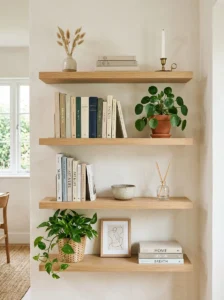 Open shelving styled in eclectic apartment