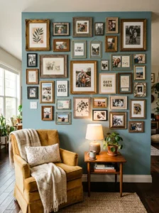 Mixed frame styles creating an eclectic photo wall