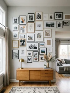 Combination of photos and wall art in gallery display