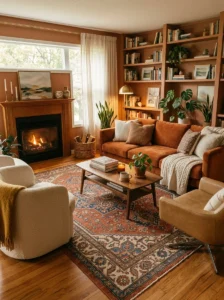 Bold rug acting as focal point in room