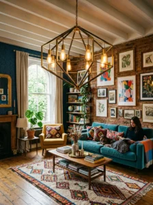 Statement lighting in eclectic home