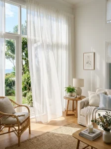 Mix of wood and fabrics creating cozy interior