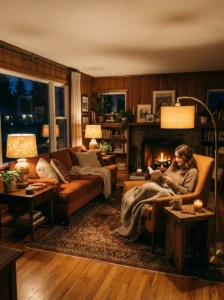 Warm ambient lighting creating cozy interior