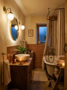 Warm lighting creating cozy bathroom feel