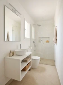 Light color tiny bathroom making space feel bigger