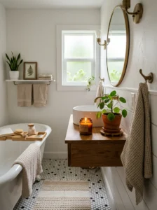 Small decor adding warmth to bathroom