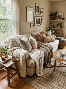 Layered throw blankets adding warmth to living room