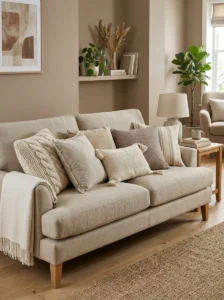 Mixed texture cushions on sofa