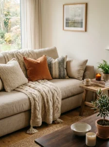 Throw blanket adding texture to sofa