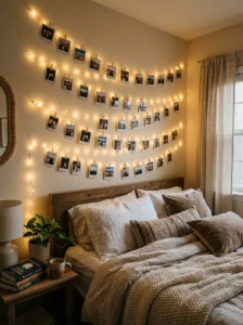 Photo string lights creating a cozy bedroom vibe