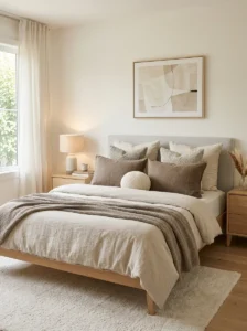 Taupe accents adding contrast in neutral bedroom