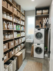 Vertical storage shelves in small utility room