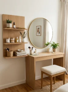 Vanity with open shelf storage and decor